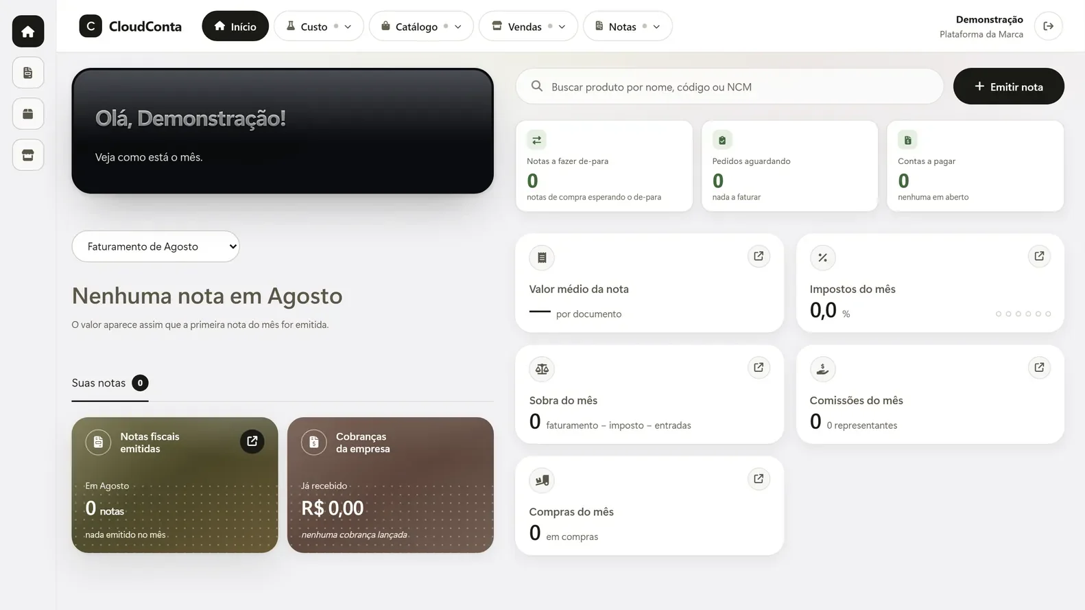 Painel da plataforma: notas a fazer de-para, pedidos aguardando e as compras do mês.